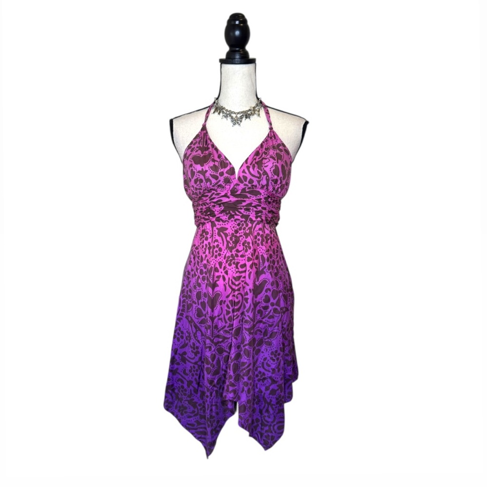 Vintage 100% Silk Pink Purple Ombre Asymmetrical Halter Fairy Dress -runs small